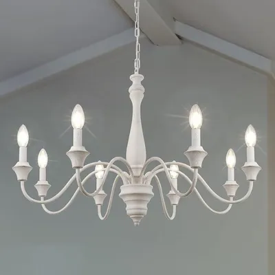 Image de Lustre vintage blanc, 8 lumières, style français de maison de campagne, lampe suspendue en bois pour table à manger, douille E14, style rustique, rétro, lampe de plafond suspendue pour salon, chambre, salle à manger, cuisine