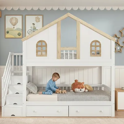 Produktbild von Etagenbett 90x200 cm Kinderbett Kiefernholz & MDF Hochbett mit Treppe Regalen Schubladen Stauraum & Rausfallschutz Weiß Natur