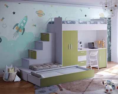 Produktbild von Etagenbett TOMI 5, Doppelstockbett Hochglanz Kinderbett Hochbett, MIT Matratze und Lattenrost (Weiss + Olive, Matt)