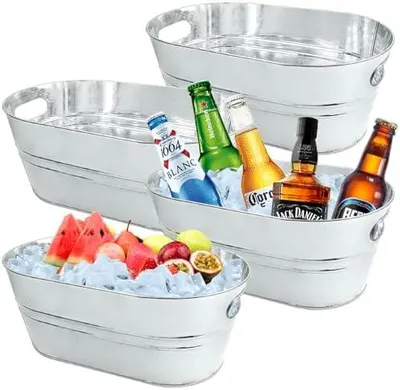 Produktbild von 4 Stück 13 Liter Verzinkter Stahl Getränkekühler mit Schaufeln Getränkewanne Sektkühler, Flaschenkühler, Kühlwanne, Eiskübel, Eiseimer für Garten-Party