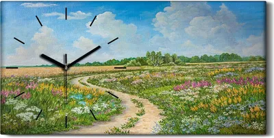 Produktbild von Dekor Leinwand Uhr Wandbilder 60x30 Malerei Wiese Blumen Bäume Himmel Wolken - schwarze Hände