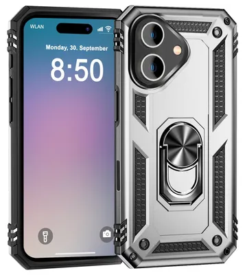 Obrázek produktu pro NALIA odolné pouzdro pro iPhone 16 – 360° otočný kroužek a magnetický držák – RINGDEFEND (odolné outdoorové pouzdro) – značka z Berlína – stříbrné