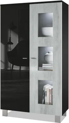 Produktbild von Vladon Vitrine Denjo,  Germany, Standvitrine mit 2 Türen und 3 Glaseinsätzen, Schwarz matt/ Schwarz Hochglanz/ Beton Oxid-Optik, inkl. LED-Beleuchtung (71 x 129 x 35 cm)