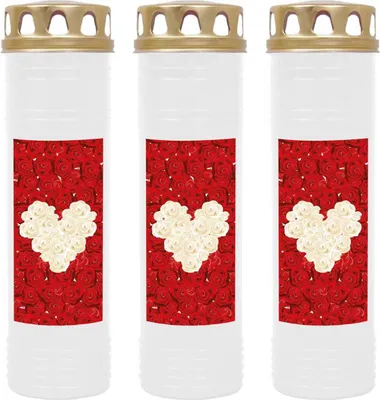 Produktbild von Grabkerze Weiß 3er Pack, Brenndauer: 170 Stunden ( je Kerze ), Motiv: Rose Herz