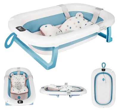 Image de Baignoire pliante pour bébé - 3 en 1 - Avec thermomètre - Antidérapante - Pour les bébés de 6 mois à 3 ans - En plastique PE - Bleue