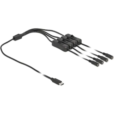Produktbild von DeLOCK Kabel USB Type-C Stecker zu 4 x DC 5,5 x 2,1 mm Buchse mit Schalter 1 m, USB Type-C, 4 x DC 5.5 x 2.1 mm, 1 m, Schwarz