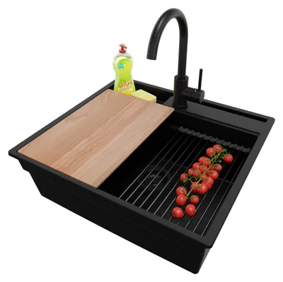 Produktbild von PRIMAGRAN Granitspüle Alles Schwarz 58x53cm, Spülbecken 1 Becken + Ablauf-Set + Küchenzubehörset, Küchenspüle ab 60er Unterschrank - Oslo Pocket