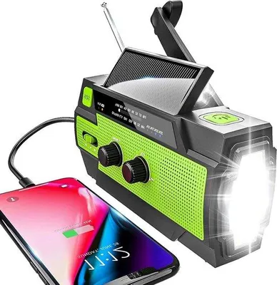 Zdjęcie produktu dla Radio awaryjne – ręczne radio awaryjne – zasilanie słoneczne – przenośne – akumulator 4000 mAh – latarka LED – alarm SOS – dynamiczna korba ręczna – do biwakowania – podróży – kolor zielony