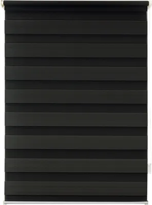 A close-up view of a black and gray striped roller blind.