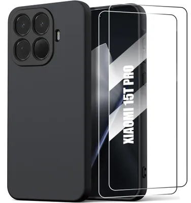Image de Coque + 2 Verres Trempés pour Xiaomi 15T Pro, Protection Silicone Doux Ultra Slim Anti-Rayures Antichoc Noir