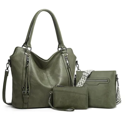 Image de Ensemble 3 pièces : sac à main, cabas, sac à bandoulière et porte-monnaie pour femme. Grand sac à bandoulière pour les loisirs, le travail, l'école, le bureau, etc., au design sobre (vert foncé)