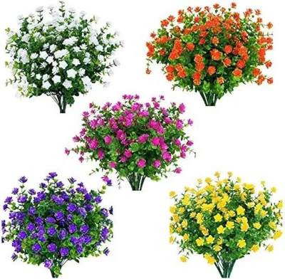 Produktbild von Unyqoos® Kunstblumen-Set 15 Bündel (5 Farben, je 3) – UV-beständige Kunstblumen (Kunststoff) für Innen & Außen, 35×22 cm, 7 flexible Stiele/Bündel
