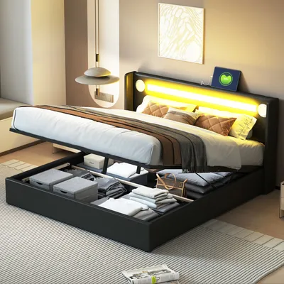 Obrázek produktu pro okwish LED čalouněná postel 160x200 cm s Bluetooth přehrávačem a USB nabíjením, úložná postel zPolyuretankůže, postel s úložným boxem, manželská postel s lamelovým roštem, černá (bez matrace)