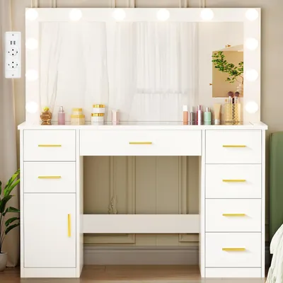Immagine prodotto di Comò da trucco con illuminazione a LED e presa di corrente, bianco, 140x110x40 cm