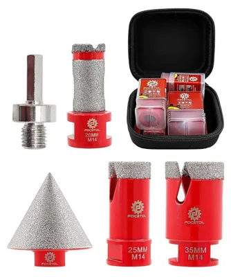 Obrázok produktu pre Sada diamantových vrtákov 5 ks (25/35 mm, 20 mm vrták s frézovacou hlavou, 50 mm uhlový vrták, adaptér) s závitom M14, určená na porcelán, keramiku, mramor a granit