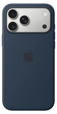 A dark blue iPhone case with a silver camera module is shown against a white background.