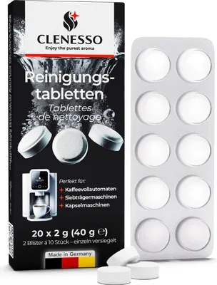 Produktbild von CLENESSO Reinigungstabletten Kaffeevollautomaten (20 Stück) – Kaffeevollautomat Reinigungstabletten kompatibel mit Siemens EQ Series, Jura, Krups, uvm
