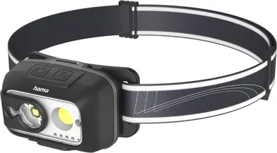 A black LED headlamp with a gray and white striped adjustable strap, shown against a white background.