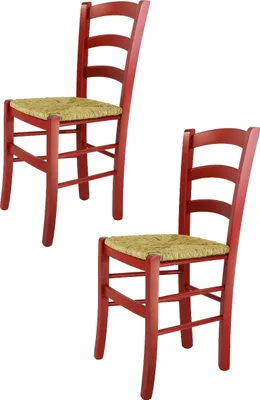 Produktbild von t m c s Tommychairs - 2er Set Stühle VENEZIA für Küche und Esszimmer, robuste Struktur aus Buchenholz in Anilinfarbe Rot und Sitzfläche aus Stroh