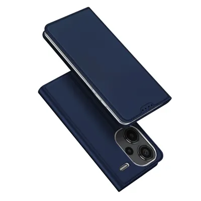 A dark blue flip case for a smartphone is shown from a slightly elevated angle against a white background.