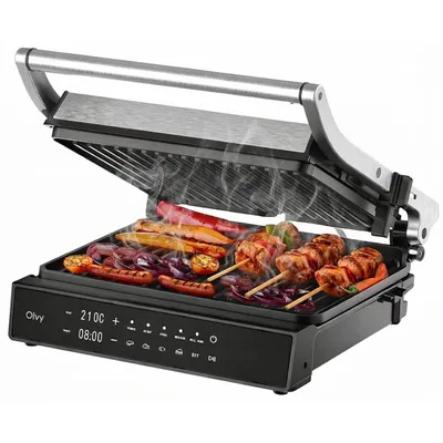Productafbeelding van Olvy Contactgrill, 2000W, Elektrische grill, Sandwichmaker, 5 programma's, Paninigrill, Grilltoaster voor binnen, PFAS-vrije platen, Tafelgrill