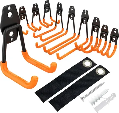 Produktbild von 12er Set Wandhaken für Garage | Schwerlast Doppelhaken | Platzsparende Aufbewahrung für Werkzeuge, Fahrräder, Sportausrüstung
