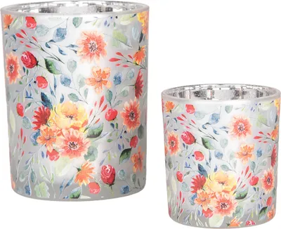 Produktbild von Clayre & Eef Teelichthalter 2er Set Ø 7x8 / 10x13 cm Grau Glas Blumen