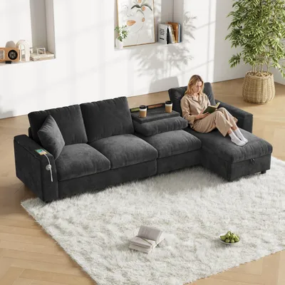 Immagine prodotto di MODFU Divano angolare a L con chaise longue imbottita, tavolino pieghevole e 2 portabicchieri, divano in tessuto di ciniglia con 1 USB e 1 type-C e braccioli, grigio