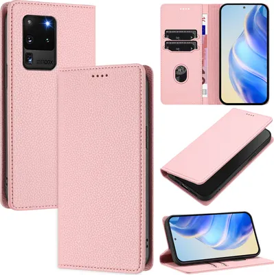 Produktbild von Litchi Leder Handyhülle für Samsung Galaxy S20 Ultra Wallet Kartenfächer Standfunktion Hülle Pink