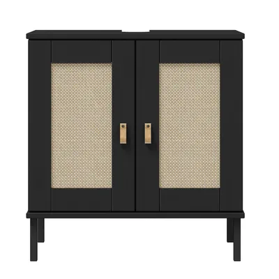 A black cabinet with cane doors and brass handles, shown against a white background.