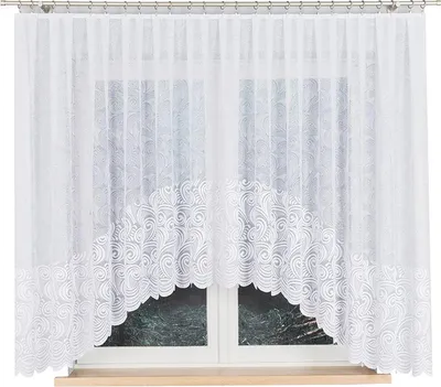 A white lace curtain with a scalloped bottom edge is shown hanging in front of a window.