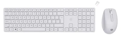 A white HP wireless keyboard and mouse set, with a USB dongle, displayed on a white background.