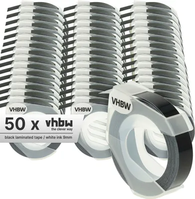 Produktbild von vhbw 50x 3D Prägeband-Schriftband-Kassette kompatibel mit Dymo Omega Home S0717930, Office-Mate II 154000 Etiketten-Drucker 3m x 9mm Weiß auf Schwarz