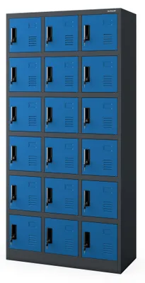 Produktbild von Umkleideschrank 3B6A Fächerschrank Schließfachschrank Wertfachschrank Metallspind Stahlblech 18 Fächer 185 cm x 90 cm x 40 cm Anthrazit-Blau