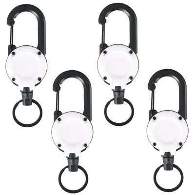 Image de Lot de 4 porte-clés rétractables, comprenant un anneau rétractable et une lanière avec un câble en acier de 70 cm, pour étuis à carte d'identité, cartes-clés et porte-cartes (blanc)