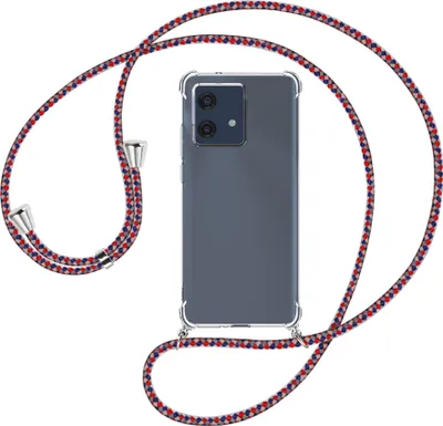 Produktbild von Handykette Backcover-Schutzhülle mit Band (Metall silberfarben) für Motorola Edge 40 Neo (XT2307-1, 6.55'') - silber/blau/rot