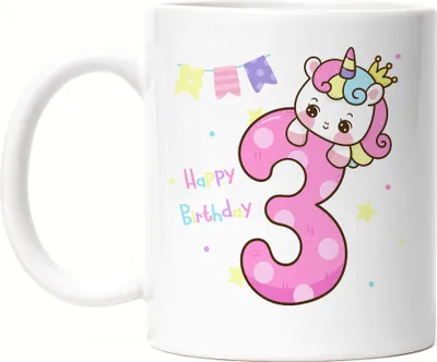 Produktbild von Happy Birthday Tasse Weiß 3. Geburtstagskind 3. Geburtstag Alles Gute Happy Birthday Party Einhorn Prinzessin