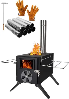 Productafbeelding van Draagbare houtoven, campingfornuis, roestvrijstalen kachel, campingoven met schoorsteenpijp voor tent, camping, outdoor, picknick, verwarming, koken (zwart)