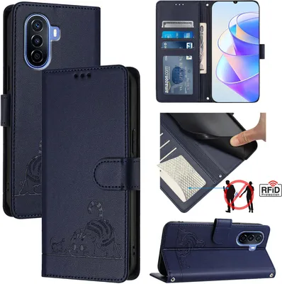 Produktbild von Leder Hülle für Huawei Nova Y70 Plus Süße Katze Flip Case Brieftasche Schutzhülle mit Standfunktion Blau