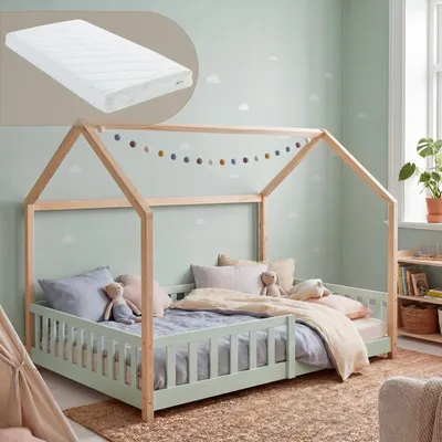 Produktbild von Hausbett ‘Hesel’ für Kinder mit Matratze und Rausfallschutz 120 x 200 cm Kiefernholz Mintgrün/Natur
