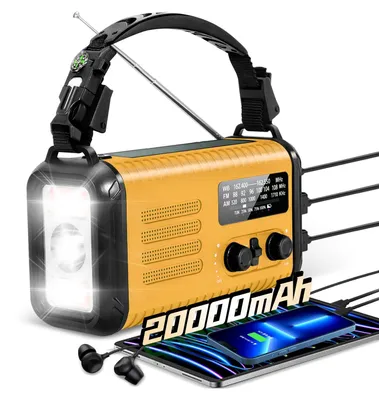 Productafbeelding van Noodradio met zonne-energie en handkrik, 20000 mAh, draagbaar AM/FM weerstation