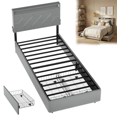 Produktbild von TRMLBE HellgrauModern Schlafzimmer Polsterbett, Stauraum mit Schubladen, Stabiler Bettrahmen mit Lattenrost für Schlafzimmer 90×200 cm