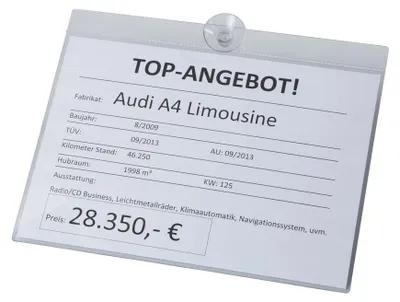 Produktbild von Verkaufsschilder aus Polycarbonat für die professionelle Preisauszeichnung, lichtecht, mit Haken oder Saugnapf, für DIN A4 oder A3 Preisschilder, Format DIN A4 quer, Verpackungseinheit: 5 STK