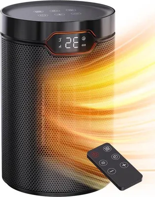 Immagine prodotto di Riscaldatore elettrico PTC da 1500 W, 5 modalità, modalità ECO, termostato, timer 24 ore, telecomando, protezione contro il surriscaldamento, protezione antiribaltamento, design compatto per la casa e l'ufficio
