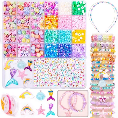 Produktbild von Perlen Set für Armbänder Selber Machen für Bastelset Kinder ab 6 jahre, Schmuck Basteln Mädchen 8 jahre für Geschenke, Bunte Perlen zum auffädeln Geschenke Mädchen 4 5 7 9 10 Jahre