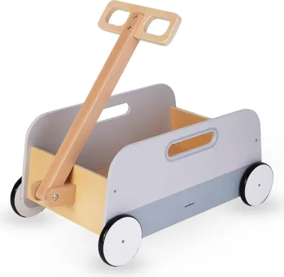 A wooden toy wagon with a handle, on a white background.