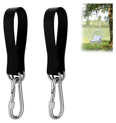 Produktbild von 2 Stück Hängemattenbefestigung, reißfeste Nylon Gurte für Hängematten, Schaukeln und Hängesessel, 30 cm Aufhängung mit D-Ringen, verstärkt, Schwarz