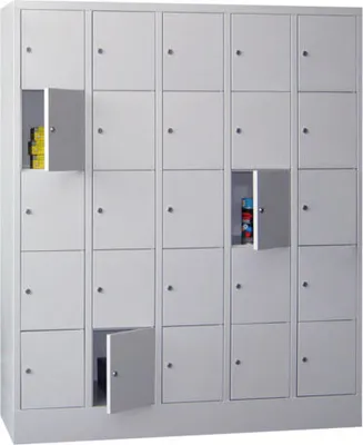 Produktbild von Schließfachschrank - 25 Fächer a 300 mm - 1.850x1.500x500 mm (HxBxT) - Sockel - Drehriegel - feuerrot/lichtgrau