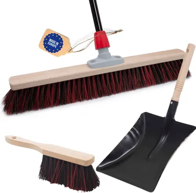 Produktbild von Novaliv Straßenbesen mit Stiel 60 cm Arenga-Elaston Borsten inkl. Kehrgarnitur verzinkt mit Gummilippe bestehend aus Kehrblech & Handfeger Idealer Gartenbesen Terassenbesen Hofbesen Stallbesen