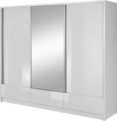 Produktbild von Schwebetürenschrank 250 cm Arela - Kleiderschrank mit Spiegel - Schrank vom Hersteller, Schlafzimmerschrank mit Schubladen, 3 Tür (Weiß Glanz)